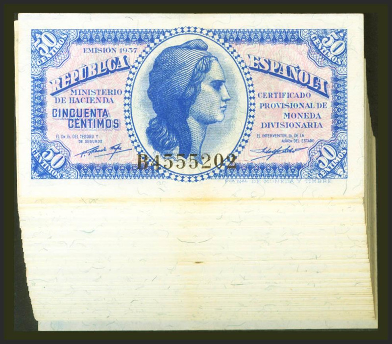 Conjunto de 100 billetes correlativos de 50 Centimos emitidos el 1937 con la ser...