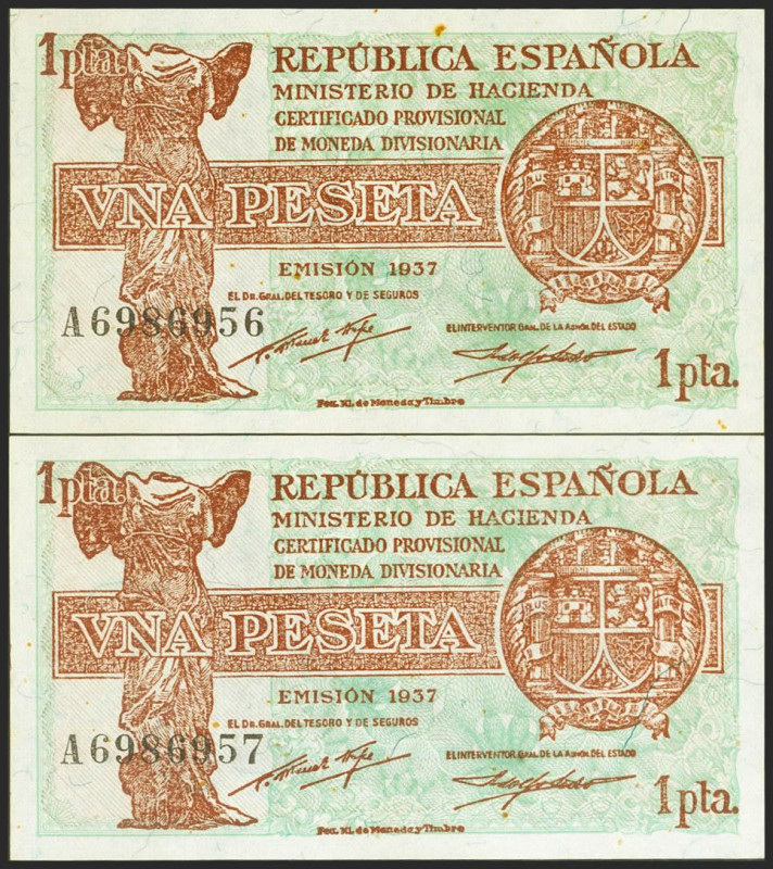 1 Peseta. 1937. Ministerio de Hacienda. Pareja correlativa. Serie A. (Edifil 202...