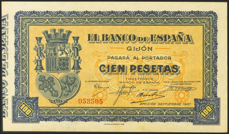 100 Pesetas. Septiembre 1937. Asturias y León. Sin serie. (Edifil 2021: 399). Ap...