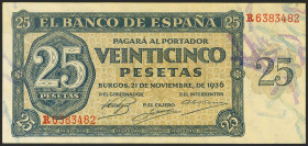 25 Pesetas. 21 de Noviembre de 1936. Serie R. (Edifil 2021: 419a). EBC.