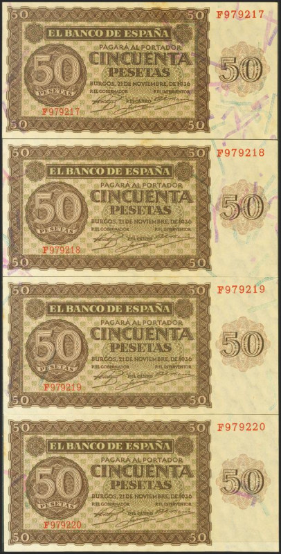 Conjunto de 4 billetes correlativos de 50 Peseta emitidos el 21 de Noviembre de ...