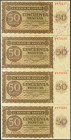 Conjunto de 4 billetes correlativos de 50 Peseta emitidos el 21 de Noviembre de 1936, con la serie F (Edifil 2021: 461a), presentando gran parte de su...