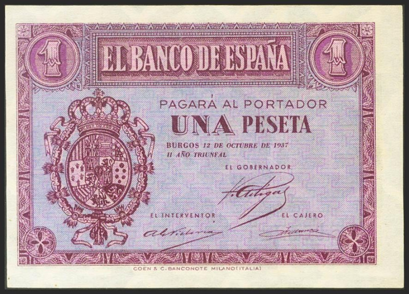 1 Peseta. 12 de Octubre de 1937. Serie A. (Edifil 2021: 425). Inusual, apresto o...