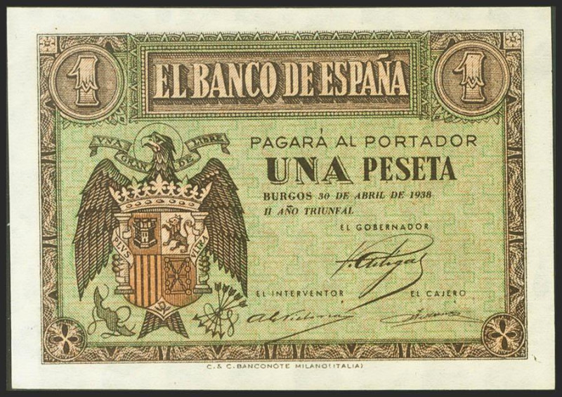 1 Peseta. 30 de Abril de 1938. Serie G. (Edifil 2021: 428a). Apresto original. S...