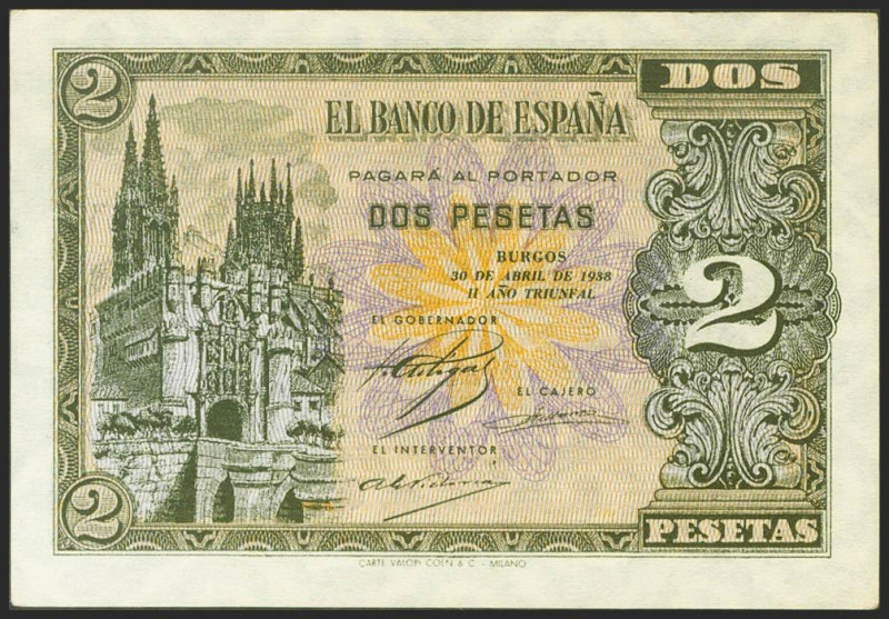 2 Pesetas. 30 de Abril de 1938. Serie C. (Edifil 2021: 429a). Apresto original. ...