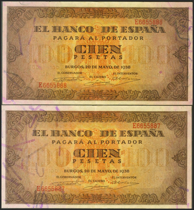 100 Pesetas. 20 de Mayo de 1938. Pareja correlativa. Serie E. (Edifil 2021: 432a...