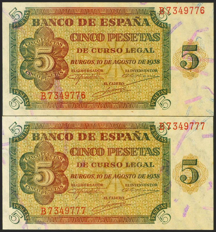 5 Pesetas. 10 de Agosto de 1938. Pareja correlativa. Serie B. (Edifil 2021: 435a...