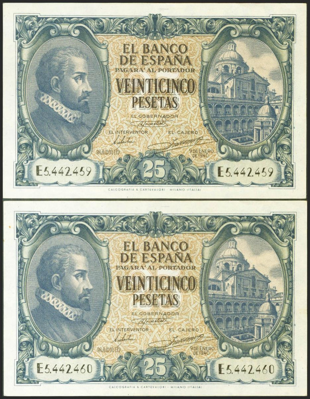 25 Pesetas. 9 de Enero de 1940. Pareja correlativa. Serie E. (Edifil 2021: 436a)...