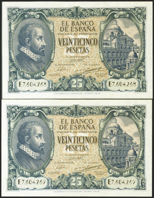 25 Pesetas. 9 de Enero de 1940. Pareja correlativa. Serie E. (Edifil 2021: 436a)...