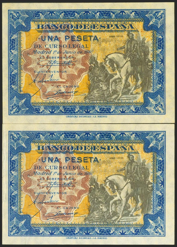 1 Peseta. 1 de Junio de 1940. Pareja correlativa. Serie B. (Edifil 2021: 441a, P...