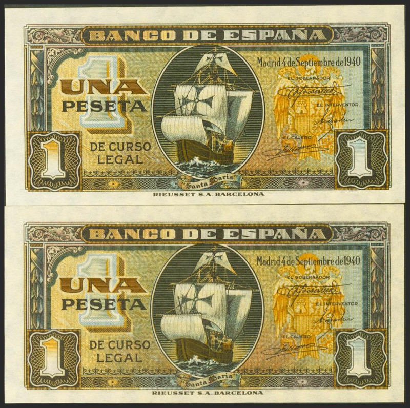 1 Peseta. 4 de Septiembre de 1940. Pareja correlativa. Serie B. (Edifil 2021: 44...