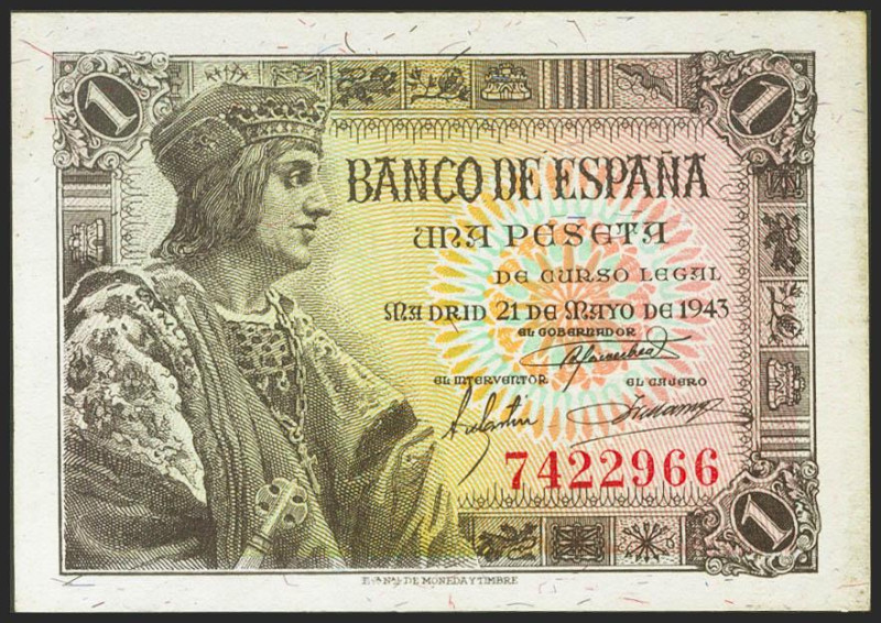 1 Peseta. 21 de Mayo de 1943. Sin serie. (Edifil 2021: 447). Conserva parte de s...