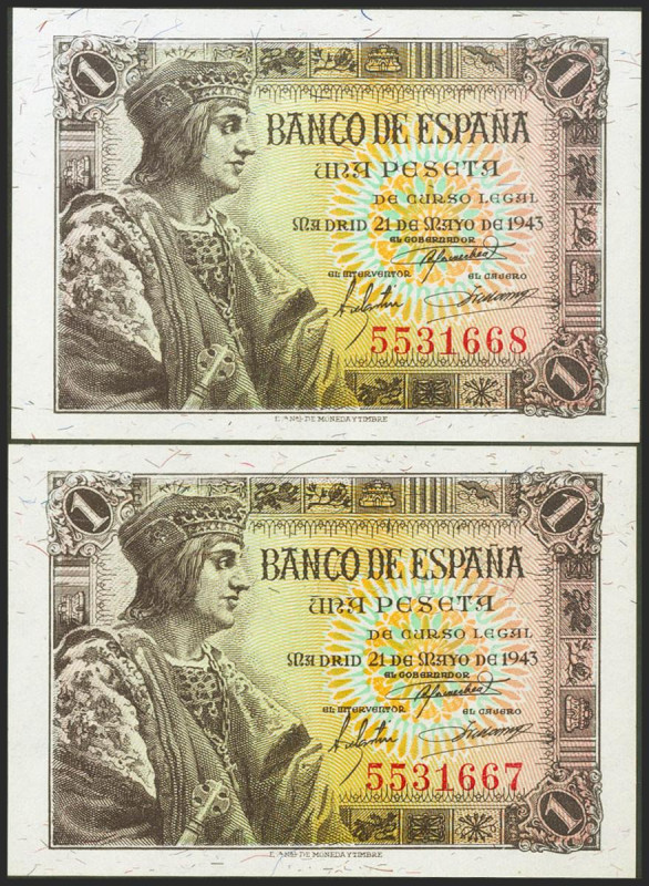 1 Pesetas. 21 de Mayo de 1943. Pareja correlativa. Sin serie. (Edifil 2021: 447)...