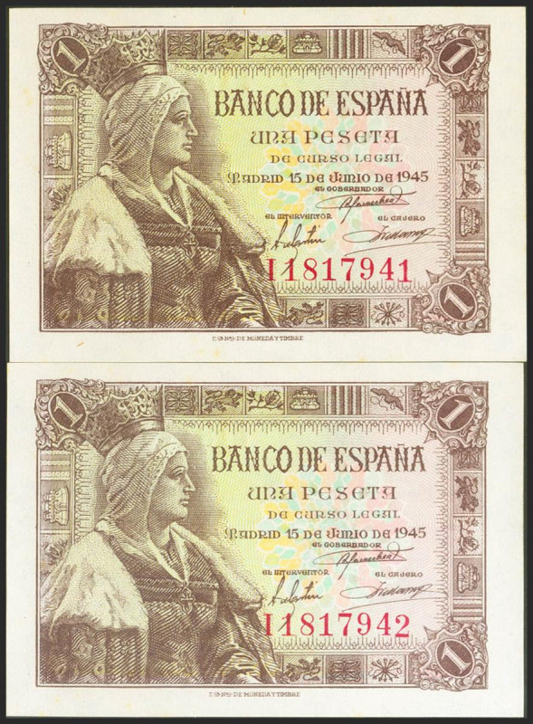 1 Peseta. 15 de Junio de 1945. Pareja correlativa. Serie I. (Edifil 2017: 448a)....