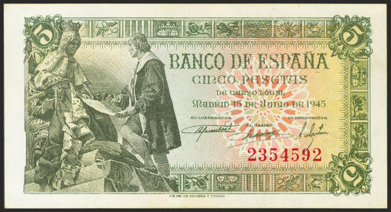 5 Pesetas. 15 de Junio de 1945. Sin serie. (Edifil 2021: 449). Apresto original....