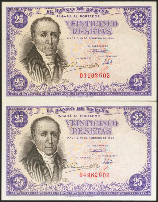 25 Pesetas. 19 de Febrero de 1949. Pareja correlativa. Sin serie. (Edifil 2021: ...