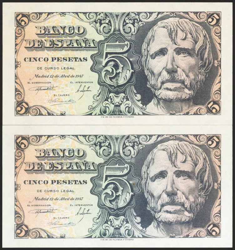5 Pesetas. 12 de Abril de 1947. Pareja correlativa. Serie A. (Edifil 2021: 454a)...