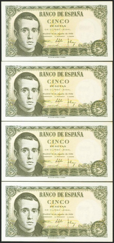 Conjunto de 4 billetes correlativos de 5 Pesetas, emitidos el 16 de Agosto de 19...