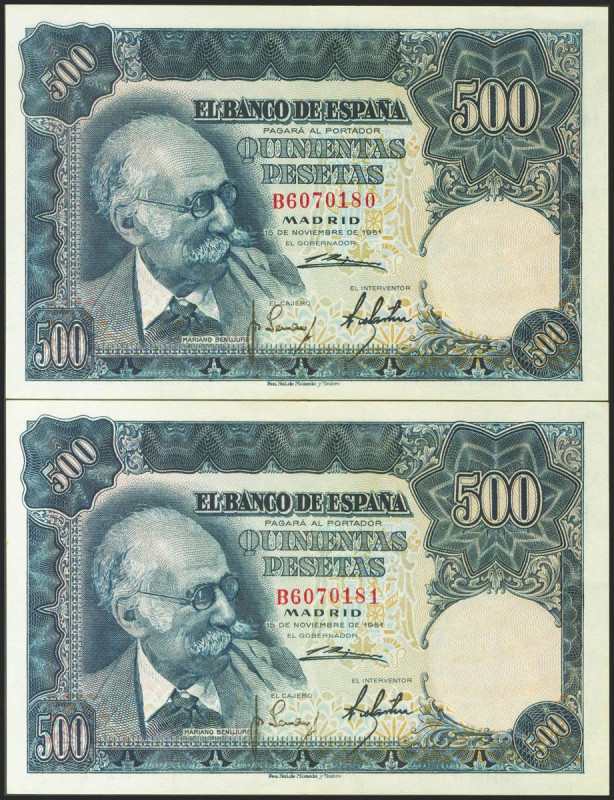 500 Pesetas. 15 de Noviembre de 1951. Pareja correlativa. Serie B. (Edifil 2021:...