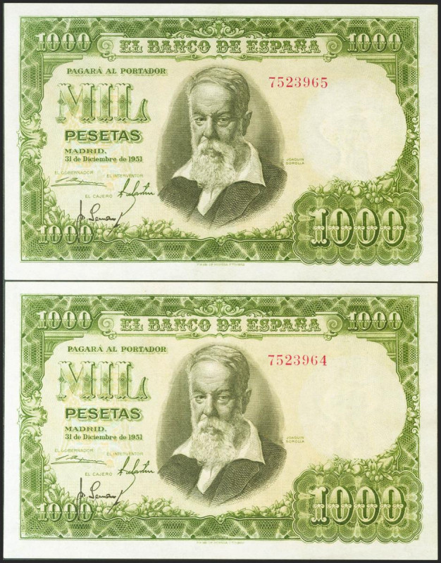 1000 Pesetas. 31 de Diciembre de 1951. Pareja correlativa. Sin serie. (Edifil 20...