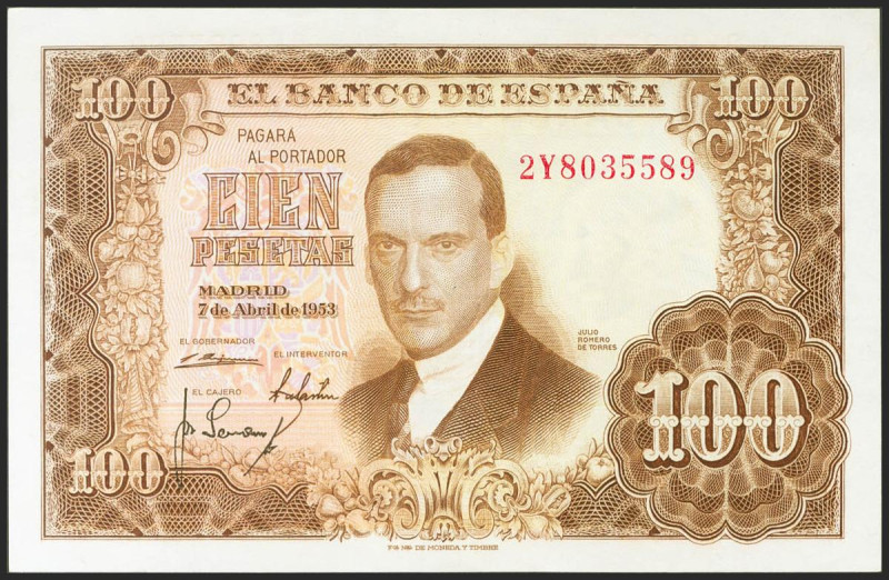 100 Pesetas. 7 de Abril de 1953. Serie 2Y. (Edifil 2021: 464c). Conserva todo su...