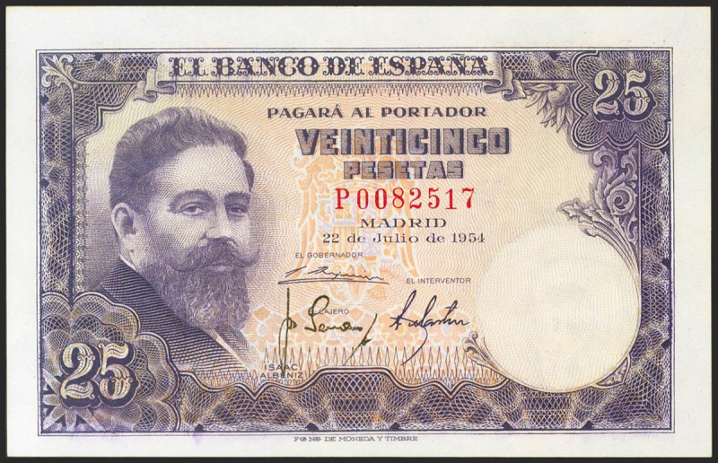 25 Pesetas. 22 de Julio de 1954. Serie P, última serie. (Edifil 2021: 467b). Con...