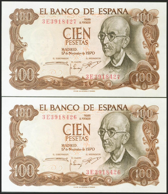 100 Pesetas. 17 de Noviembre de 1970. Pareja correlativa. Serie 3E. (Edifil 2017...