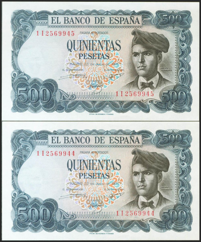 500 Pesetas. 23 de Julio de 1971. Pareja correlativa. Serie 1I. (Edifil 2021: 47...