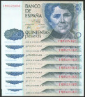Conjunto de 7 billetes correlativos de 500 Pesetas, emitidos el 23 de Octubre de 1979, todos ellos con la serie 1M (Edifil 2021: 476a). SC.