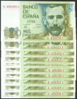 Conjunto de 9 billetes correlativos de 1000 Pesetas, emitidos el 23 de Octubre de 1979, todos ellos con la serie U-C (Edifil 2021: 477a). EBC.