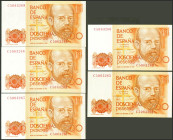 Conjunto de 5 billetes correlativos de 200 Pesetas, emitidos el 16 de Septiembre de 1980, todos ellos con la serie C (Edifil 2021: 480a). SC.