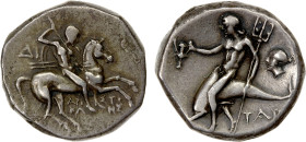 CALABRIA: Tarentum, AR didrachm (nomos) (6.65g), ca. 272-240 BC, HNI-1033, Vlasto-877-81, magistrates Di… and Aristokles, nude youth on horseback righ...