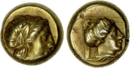 LESBOS: Mytilene, EL hekte (2.54g), ca. 377-326 BC, Bodenstedt-95, MFA Boston-1726, wreathed head of Dionysos right // female head right within linear...