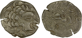 CELTIC: Gaul, Redones, BI stater (6.21g), ca. 80-50 BC, D&T-2315, L&T-6792, imitating Philip II of Macedon, Celticized head of Apollo right // figure ...