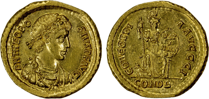 ROMAN EMPIRE: Theodosius I, 379-395 AD, AV solidus (4.53g), Constantinople, stru...