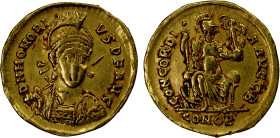ROMAN EMPIRE: Honorius, 393-423 AD, AV solidus (4.32g), Constantinople, struck 395-402 AD, S-20899, helmeted & cuirassed bust turned slightly to the r...