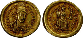 ROMAN EMPIRE: Theodosius II, 402-450 AD, AV solidus (4.39g), Constantinople, struck 408-420 AD, S-21133, helmeted & cuirassed bust turned slightly to ...