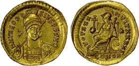 ROMAN EMPIRE: Theodosius II, 402-450 AD, AV solidus (4.47g), Constantinople, struck 430-440 AD, RIC-257, 3rd officina, helmeted, pearl-diademed and cu...