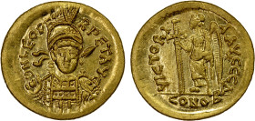 ROMAN EMPIRE: Leo I, 457-474 AD, AV solidus (4.41g), Constantinople, S-21404, D N LEO PERPET AVG helmeted and cuirassed bust, holding spear & shield /...