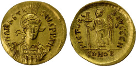 BYZANTINE EMPIRE: Anastasius I, 491-518, AV solidus (4.49g), Constantinople, S-3, helmeted and cuirassed bust, facing slightly to the right, holding s...