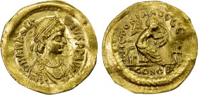 BYZANTINE EMPIRE: Anastasius I, 491-518, AV semissis (2.09g), Constantinople, S-6, diademed, draped, and cuirassed bust, facing right // Victory seate...