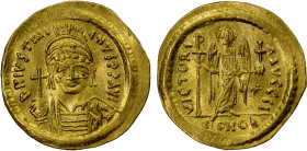 BYZANTINE EMPIRE: Justinian I, 527-565, AV solidus (4.42g), Constantinople, S-140, DOC-9j, struck from 545-565, 10th officina, cuirassed bust facing, ...