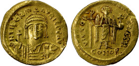 BYZANTINE EMPIRE: Maurice Tiberius, 582-602, AV solidus (4.48g), Constantinople, S-476, DN TIBER MAVRIC PP AV, helmeted & cuirassed bust facing, holdi...