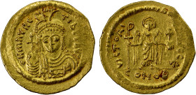 BYZANTINE EMPIRE: Maurice Tiberius, 582-602, AV solidus (4.31g), Constantinople, S-478, helmeted & cuirassed bust, holding globus cruciger & shield, s...