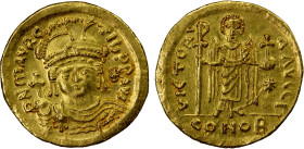 BYZANTINE EMPIRE: Maurice Tiberius, 582-602, AV lightweight solidus (= 23 siliquae) (4.27g), Constantinople, S-481, helmeted & cuirassed bust facing, ...