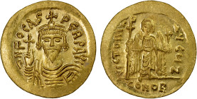 BYZANTINE EMPIRE: Phocas, 602-610, AV solidus (4.47g), Constantinople, S-618, bust facing, wearing crown without pendilia // angel facing, holding lon...