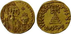 BYZANTINE EMPIRE: Constans II, 641-668, AV solidus (4.35g), Constantinople, S-959, busts of Constans with long beard & Constantine IV beardless // cro...