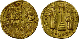 BYZANTINE EMPIRE: Constans II, 641-668, AV solidus (4.44g), Constantinople, S-964, busts of Constans with long beard & moustache, wearing plumed helme...
