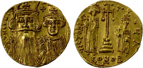 BYZANTINE EMPIRE: Constans II, 641-668, AV solidus (4.31g), Constantinople, S-964, busts of Constans with long beard & moustache, wearing plumed helme...