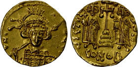 BYZANTINE EMPIRE: Constantine IV Pogonatus, 668-685, AV solidus (4.28g), Constantinople, S-1154, helmeted, draped, and cuirassed bust, wearing helmet ...